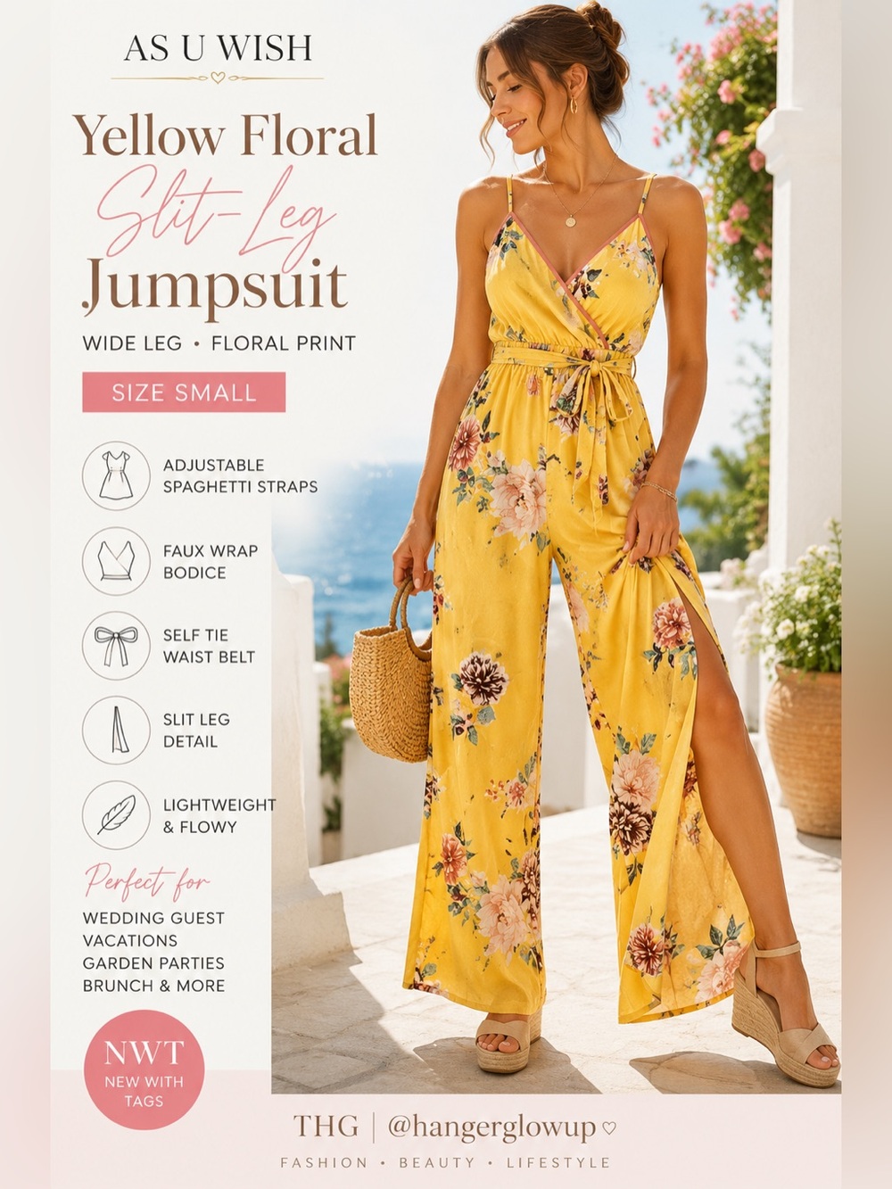 As U Wish Yellow Floral Resort Slit Leg Jumpsuit Wedding Guest Small NWT